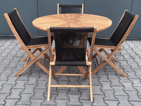 Sundura Teak tuinset klaptafel Ø 110 met 4 klapstoelen zwart touw