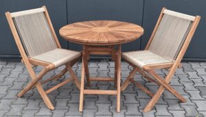 Sundura Teak tuinset klaptafel Ø 80 met 2 klapstoelen jute touw