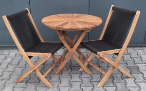 Sundura Teak tuinset klaptafel Ø 80 met 2 klapstoelen zwart touw