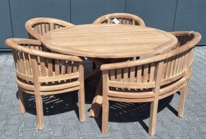 Tuinset Kruispoot Tuintafel 150 cm, Bananenbank en 3 Bananen Tuinstoelen